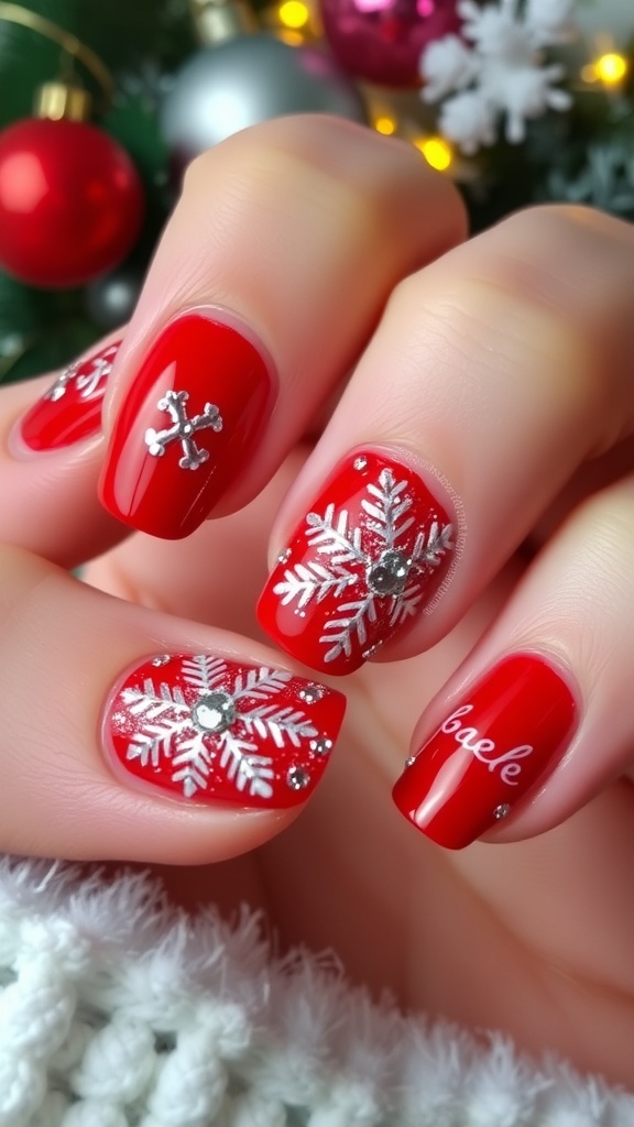 Red Christmas Nail Art Design Close-up of red Christmas nails with white snowflakes and glitter.